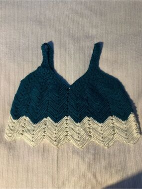 Handmade Teal and Cream Crochet Crop Tank